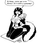 2024 anthro bedroom_eyes bottomwear breasts catherine_o'daisies cleavage clothed clothing daisy_dukes denim denim_bottomwear denim_clothing denim_shorts dialogue english_text female fluffy fluffy_tail hand_fan hi_res hotpants mammal mephitid midriff monochrome narrowed_eyes navel seductive shorts skunk solo tail tegerio text zandar's_saga