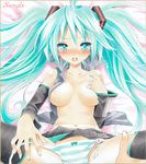  aqua_eyes aqua_hair ayuayu bad_id bad_pixiv_id blush breasts detached_sleeves hand_on_own_chest hatsune_miku long_hair lying medium_breasts navel open_clothes open_shirt panties sample shirt side-tie_panties skirt solo striped striped_panties tears thighhighs traditional_media twintails underwear untied vocaloid 