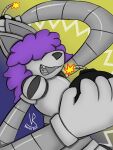 3:4 absurd_res ambiguous_gender android anthro bomb canid canine canis curly_hair explosives hair happy hi_res jester jester_outfit long_arms long_ears machine mammal mechanical_arm mechanical_body metallic_body open_mouth puffy_sleeves purple_hair robot solo vanilla_road