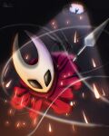 anthro arthropod black_body black_eyes chiru13 cloak clothing featureless_feet feet female front_view hi_res holding_object holding_weapon hollow_knight_(franchise) hornet_(hollow_knight) insect red_cloak red_clothing solo team_cherry weapon white_body