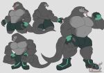 2026 anthro biceps big_bulge big_muscles big_pecs bottomwear bulge clothing crouching daikuhiroshiama fingerless_gloves footwear forked_tongue front_view gloves green_bottomwear green_clothing green_footwear green_gloves green_handwear green_shoes green_shorts grey_background grey_body grey_scales hand_on_leg hand_on_thigh handwear hi_res huge_pecs komodo_dragon kuon_(daikuhiroshiama) lizard looking_at_viewer male model_sheet monitor_lizard mouth_closed multicolored_body multiple_poses muscular muscular_anthro muscular_arms muscular_legs muscular_male muscular_thighs open_mouth pecs pose quads rear_view red_eyes reptile scales scalie shoes shorts simple_background sketchy solo standing tail tapering_tail thick_neck thick_thighs tongue triceps two_tone_body watermark