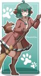 absurd_res anthro anthrofied blush broom brown_tail canid cleaning_tool clothing digitigrade dress female green_eyes green_hair hair hi_res holding_broom holding_cleaning_tool holding_object kemono kyouko_kasodani mammal on_one_leg open_mouth open_smile raised_foot simple_background smile solo standing tail touhou yamabikoyahoo