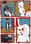 2spot_studio absurd_res aiming aiming_at_another aiming_gun aiming_weapon ambiguous_gender angry animate_inanimate anthro automatic_weapon bandage bandaged_body bandaged_head bloody_bunny bloody_bunny_(series) bodily_fluids breasts buckteeth clothed clothing coat comic comic_panel confusion crossover dialogue digital_drawing_(artwork) digital_media_(artwork) doll duo english_text eyewear female floating_hands fur gesture grey_body grey_fur gun hand_gesture handgun hank_j._wimbleton hi_res holding_gun holding_object holding_ranged_weapon holding_weapon holster holstered_gun holstered_weapon kerchief lagomorph leporid living_doll long_ears looking_at_another madness_combat mammal mask multicolored_eyes nevadean_(madness_combat) otakon_(artist) pointing pointing_at_another pointing_gun rabbit ranged_weapon red_eyes red_inner_ear red_nose stare stitch_(sewing) stitched_body stitched_ear submachine_gun surprised sweat sweatdrop tailless teeth text topwear uzi weapon white_body white_fur yellow_eyes