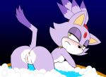 anthro anus bathing bathtub bent_over big_butt black_nose blaze_the_cat blue_background blush breasts bubble_bath butt dipstick_tail domestic_cat felid feline felis female forehead_gem fur gem genitals looking_at_viewer looking_back looking_back_at_viewer mammal markings nude partially_submerged pink_anus purple_body purple_fur rear_view sega simple_background small_breasts soap_bubbles solo sonic_the_hedgehog_(series) standing_in_water tail tail_markings vulva water weirdkoaladream weirdotterdream white_body white_fur yellow_eyes