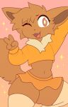 2026 4_fingers anthro bottomwear brown_body brown_eyes brown_fur brown_hair brown_inner_ear brown_nose cat_smile cheek_tuft clothed clothing crop_top crossdressing crossdressing_male cute_fangs eevee facial_tuft fangs femboy fingers fur generation_1_pokemon geometric_background gesture gradient_background grid_background hair hand_gesture hi_res legwear male midriff miniskirt navel neck_tuft nintendo ohalphabetboyy on_one_leg one_eye_closed open_mouth open_smile orange_clothing orange_crop_top orange_miniskirt orange_shirt orange_topwear pattern_background pokemon pokemon_(species) shirt simple_background skirt smile solo sparkles standing tail tan_body tan_clothing tan_fur tan_legwear tan_thigh_highs teeth thigh_highs topwear tuft v_sign wink