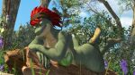 16:9 3d_(artwork) 5_fingers 5_toes anthro barefoot big_breasts big_butt breasts butt claws day digital_media_(artwork) feet female fingers flower grass green_body green_eyes green_scales hair hi_res jayda_(thevestige) kerchief leaf light lizard lizard_(petruz) long_hair looking_at_viewer lying lying_on_object melee_weapon nipple_covers nude nude_anthro nude_female on_front outside pinup plant polearm pose red_hair reptile scales scalie sharp_teeth shrub smile smiling_at_viewer solo source_filmmaker_(artwork) spear stump sunlight teeth thevestige thick_thighs toes tree weapon widescreen