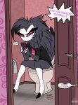 absurd_res annoyed anthro apology avian avian_demon bathroom beak bird electronics eyelashes feathers female fur grey_body grey_feathers grey_fur hair hellaverse helluva_boss hi_res implied_scat long_eyelashes morning octavia_(helluva_boss) onomatopoeia owl owl_demon pajama_shirt phone plop pooping pooping_in_toilet profanity sitting sitting_on_toilet solo sound_effects tear_trough text thedispenser69 toilet toilet_paper toilet_use using_phone walk-in