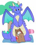 2_horns ambiguous_gender anthro avian beak bird black_eyes blue_hair cheek_tuft chick-fil-a chicken colored digital_drawing_(artwork) digital_media_(artwork) dragon duo facial_tuft fangs flat_colors galliform hair hi_res holding_object horn logo membrane_(anatomy) membranous_wings mythological_creature mythological_scalie mythology open_beak open_mouth paper_bag phasianid plant purple_body scalie short_hair snuffles steam_sale_dragon teeth tree tuft wings