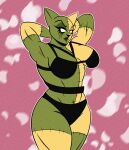 2026 abstract_background absurd_res anthro arms_bent bare_shoulders big_breasts big_ears big_eyes biped black_bra black_clothing black_eyebrows black_nose black_panties black_underwear bra breasts clothed clothed_anthro clothed_female clothing crotch_tuft curved_eyebrows dark_markings digital_drawing_(artwork) digital_media_(artwork) domestic_cat eye_markings eyebrows eyelashes felid feline felis female fur fur_tuft glistening glistening_eyes glistening_lips green_body green_breasts green_ears green_fur green_markings hands_behind_head heterochromatic_ears heterochromia hi_res iris jpbravart legs_together light_body light_fur light_markings lips long_eyelashes looking_aside mammal markings multicolored_body multicolored_fur multicolored_lips muscular muscular_anthro muscular_arms muscular_female nephele_vetti no_pupils orange_markings outline panties pink_among_blood_red_roses pink_tongue pointy_ears portrait pose prick_ears simple_background snout solo standing stitch_(sewing) textured_background thick_lips thick_thighs three-quarter_portrait three-quarter_view tongue tuft two_tone_body two_tone_fur two_tone_lips underwear white_outline white_sclera wide_hipped_anthro wide_hipped_female wide_hips yellow_body yellow_breasts yellow_ears yellow_fur