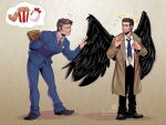 angel avian avian_caruncle bird castiel chicken clothed clothing coat comb_(anatomy) digital_media_(artwork) duo english_text feathered_wings feathers galliform hair halo hannibal_(series) hannibal_lecter head_crest human humanoid male mammal not_furry phasianid simple_background supernatural_(tv_show) text thought_bubble topwear trenchcoat winged_humanoid wings zillabean
