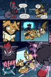 2026 2:3 6_panel_comic absurd_res ambiguous_gender axew bandage black_cape black_clothing black_eyes black_nose black_text blue_eyes brown_body brown_fur brown_hair cape clothing comic dialogue eevee english_text exclamation_point eye_patch eyebrows eyelashes eyes_closed eyewear feral fluffy fluffy_tail fur generation_1_pokemon generation_5_pokemon group hair hi_res inner_ear_fluff kerchief looking_at_another looking_back male_(lore) neck_tuft nintendo one_eye_obstructed open_mouth open_smile page_number paws pokemon pokemon_(species) pokemon_mystery_dungeon purple_eyes purple_kerchief quadruped signature smile sound_effects speech_bubble spike_chunsoft tail talking_to_another text toony trio tuft tusks virmir virmir_(character) white_sclera zinc_(zincxiron) zorua