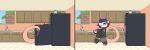 american_opossum anthro appliance beverage comic female fridge hair hi_res inside kitchen kitchen_appliance knaveofclubs mammal marsupial prehensile_tail purple_hair red_eyes soda solo syrup_(colossified) tail
