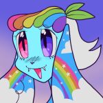 1:1 ambiguous_gender anthro blue_face blush canid canine cloud_(marking) eyelashes fangs floppy_ears god_of_kandi_(plentyofsoup) gradient_background hair headshot_portrait heterochromia lagomorph leaf leporid mammal markings multicolored_hair multicolored_markings plentyofsoup portrait purple_eyes purple_nose rabbit rainbow_hair rainbow_markings red_eyes simple_background smile solo star_(marking) teeth tongue white_hair white_sclera
