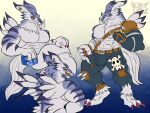 2026 3_toes 4:3 abs anthro armband bandai_namco bared_teeth belt belt_buckle biceps big_bulge big_muscles big_pecs block blue_body bottomwear buckle bulge claws clenched_teeth clothing crossed_legs cube_(object) daikuhiroshiama digimon digimon_(species) ear_piercing ear_ring eye_scar facial_markings facial_scar feet fluffy fluffy_tail gradient_background head_markings hi_res holding_object long_ears male markings mouth_closed multicolored_body multiple_poses muscular muscular_anthro muscular_male navel nude_anthro nude_male open_mouth pants pecs piercing pose purple_claws rear_view ring_piercing rubbing_neck scar simple_background sitting solo spikes standing straps striped_body striped_face stripes tail teeth toe_claws toes torn_bottomwear torn_clothing torn_pants watermark weregarurumon white_body yellow_eyes