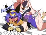 all_fours anthro anthro_penetrated bed_sheet bedding black_clothing black_dress black_nose blue_body blue_hair blush blush_lines bodily_fluids claws clothing doggystyle dress drooling duo eyelashes fangs felid feline female female_on_human female_penetrated from_behind_position hair hi_res human human_on_anthro human_penetrating human_penetrating_anthro interspecies looking_pleasured male male/female male_on_anthro male_penetrating male_penetrating_female mammal multicolored_body neck_ring notgeerux onomatopoeia open_mouth pal_(species) palmorph palworld pawpads paws penetration pocketpair red_eyes saliva sekhmet_(pal) sex short_hair sound_effects sweat tail teeth text two_tone_body yellow_body