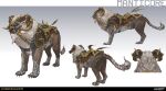 2026 2_horns absurd_res ambiguous_feral ambiguous_gender belly black_nose blue_eyes brown_body brown_claws brown_fur brown_horn brown_tail claws colored company_name concept_art curled_horn digital_drawing_(artwork) digital_media_(artwork) english_description english_text felid feral fur gradient_background grey_belly grey_body grey_fur grey_tail grey_teeth gums hi_res highguard_(game) horn horn_jewelry iranian_mythology jewelry light lighting mammal mane manticore middle_eastern_mythology multicolored_body multicolored_claws multicolored_fur multicolored_tail mythology nicholas_patrick_kelana official_art paws pink_gums quadruped reins saddle shaded sharp_teeth simple_background solo standing stinger tail teeth text toe_claws turnaround white_mane