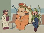 2025 4:3 4_fingers 5_fingers absurd_res accessories_only accessory accident anthro armband arms_bent arrow_(weapon) arrow_in_arm artist_name bench biped black_armband black_bracelet black_collar black_eyes blue_wall blush blush_lines bottomwear bow_(weapon) bowser bracelet brother_(lore) brothers_(lore) brown_clothing brown_facial_hair brown_footwear brown_hair brown_mustache brown_shoes button_(fastener) claws clipboard clothed clothed_human clothed_male clothing coat collar colored crossover didy414 digital_drawing_(artwork) digital_media_(artwork) doctor dot_eyes dr._mario_(character) dr._mario_(series) eyebrows facial_hair fangs finger_claws fingers floor footwear fully_clothed fully_clothed_human fully_clothed_male gloves green_clothing green_hat green_head green_headwear green_shell green_shirt green_topwear green_wall group hair half-closed_eyes hand_on_leg hand_on_own_leg handwear hat headgear headwear hi_res holding_bow_(weapon) holding_clipboard holding_object holding_pen holding_ranged_weapon holding_weapon horn hospital human jewelry king koopa larger_anthro larger_male light lighting looking_at_another luigi male male_anthro male_human mammal mario mario_bros mario_plus_rabbids_sparks_of_hope multicolored_body multicolored_scales mustache narrowed_eyes necktie nintendo nose_blush on_bench pants pen pockets ranged_weapon raving_rabbids rayman_(series) red_eyebrows red_necktie royalty scales scalie shaded shell shirt shoes short_hair sibling_(lore) simple_eyes sitting sitting_on_bench size_difference smaller_human smaller_male spiked_armband spiked_bracelet spiked_collar spiked_shell spikes spikes_(anatomy) standing straight_legs tan_body tan_horn tan_scales tan_spikes teeth text thick_eyebrows tile tile_floor toe_claws topwear trio twins_(lore) ubisoft unimpressed wall_(structure) weapon white_bottomwear white_claws white_clothing white_coat white_dress_shirt white_gloves white_handwear white_pants white_topwear wounded yellow_body yellow_scales