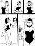 2024 alexia_minkworthy anthro bell bell_collar black_and_white bovid breasts caprine cleavage clothed clothing coffee_cup collar comic container cup ellipsis female fur group hair hi_res horn lana_lynne looking_back mammal midriff mink monochrome mustelid musteline navel sheep tegerio trio true_musteline whiskers wool_(fur)