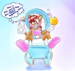 absurd_res ageplay anthro baby_bottle bib blue_eyes blue_pacifier blush bonnet booties breasts brown_body brown_fur chipmunk clothing diaper female fur gloves ground_squirrel hair handwear headgear headwear hi_res holding_baby_bottle holding_rattle infantilism mammal object_in_mouth pacifier pacifier_in_mouth pink_bib pink_bonnet pink_booties rattle red_hair rfswitched rodent roleplay safety_pin sally_acorn sciurid sega sitting_in_stroller solo sonic_the_hedgehog_(series) stroller text thought_bubble white_clothing white_gloves white_handwear