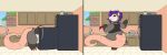 american_opossum anthro appliance beverage big_tail body_size_growth comic female fridge hair hi_res inside kitchen kitchen_appliance knaveofclubs mammal marsupial purple_hair red_eyes size_transformation soda solo syrup_(colossified) tail transformation