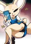 2026 4_fingers abstract_background aggretsuko anthro biped black_clothing black_eyes black_panties black_underwear blue_bottomwear blue_clothing blue_skirt blue_topwear bottomwear bottomwear_pull breasts brown_clothing brown_footwear brown_shoes butt canid canine cellphone clothed clothed_anthro clothed_female clothing clothing_pull digital_drawing_(artwork) digital_media_(artwork) electronics empty_eyes eyelashes female female_anthro fennec_fox fenneko fingers footwear fox full-length_portrait fully_clothed fully_clothed_anthro fully_clothed_female glistening glistening_body holding_cellphone holding_object holding_phone holding_smartphone laugh mammal n0ncanon open_mouth open_smile panties phone portrait presenting presenting_hindquarters sanrio shaded shadow shoes skirt skirt_pull small_breasts smartphone smile solo stylized_empty_eyes tail tan_body tan_ears tan_tail thick_thighs topwear true_fox underwear white_clothing white_inner_ear white_topwear wide_hips