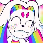 1:1 ambiguous_gender angel anthro circle_eyebrows demon digital_media_(artwork) eyebrows eyes_closed fangs felid feline freckles hair horn hybrid icon lagomorph leporid low_res mammal multicolored_ears multicolored_hair pink_eyebrows pink_horn plentyofsoup rabbit rainbow rainbow_ears rainbow_freckles rainbow_hair simple_background smile solo teeth toto_(plentyofsoup) white_background white_body white_face white_hair