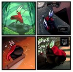 4_panel_comic anthro arachnid arthropod belly_touching_floor bench black_body black_carapace border cloak clothing comic eating english_text expansion female growth growth_sequence hi_res hollow_knight:_silksong hollow_knight_(franchise) hornet_(hollow_knight) insect obese obese_female onomatopoeia outgrowing_clothes outside overweight overweight_female public red_cloak red_clothing scenic_background silk sitting solo sound_effects spider standing superspoe team_cherry text text_box weapon weaver_(hollow_knight) weight_gain weight_gain_sequence white_border white_face white_mask