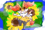 2024 ambiguous_anthro ambiguous_gender annyui0611 anthro biped blush blush_stickers braixen canid closed_smile detailed_background digital_drawing_(artwork) digital_media_(artwork) dipstick_tail eyewear eyewear_on_head flower food front_view full-length_portrait generation_6_pokemon glasses glasses_on_head hi_res japanese_description looking_at_viewer mammal markings mouth_closed nintendo no_pupils object_in_tail on_one_leg plant pokemon pokemon_(species) portrait pose shrimp_(food) smile solo standing sunflower tail tail_markings tongue tongue_out translated_description