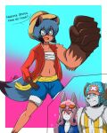 2020 4:5 anthro black_nose black_tail_tip blood blue_hair blue_tail bodily_fluids bottomwear brand_new_animal canid canine canis clothing collar dipstick_tail eyewear female female/female fox fur gloves_(marking) grey_body grey_fur group hair hi_res male mammal markings michiru_kagemori midriff navel nazuna_hiwatashi nosebleed one_piece pink_hair raccoon_dog shirou_ogami shorts studio_trigger sunglasses tail tail_markings tanuki trio willfurr wolf