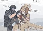 2026 armor artist_name bandage bandaged_arm bandaged_leg blood blush bodily_fluids bulletproof_vest casualties:_unknown clothed clothed_human clothed_male clothing dialogue digital_media_(artwork) dune_(gunsawian) duo english_text eyes_closed fingerless_gloves fully_clothed fully_clothed_human fully_clothed_male fully_colored gas_mask gloves gunsawian handkerchief handwear headgear helmet human humanoid kerchief male mammal mask mostly_nude_anthro mostly_nude_male question_mark signature sitting speech_bubble text warjenkins wiping_mouth