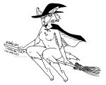 2024 anthro breasts broom broom_riding cape cleaning_tool clothing featureless_breasts felid feline female fur gloves_(marking) hair hat headgear headwear kaelies_(character) leg_markings lynx mammal markings monochrome navel nude nude_female socks_(marking) solo tail tegerio