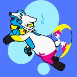 1:1 2024 anthro biped black_body black_clothing black_nose blue_body blue_eyewear blue_fin blue_glasses blue_hair blue_pawpads bow_ribbon buizel clothing eyes_closed eyewear fin generation_4_pokemon glasses hair happy hi_res nintendo open_mouth open_smile pawpads paws pink_body pink_clothing pink_tail pink_tongue pokecember pokecember_2024 pokemon pokemon_(species) smile solo sylvie_(trooper3) tail tongue trooper3 whiskers white_ears white_tail yellow_body yellow_clothing yellow_tail
