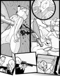 abdominal_impalement anthro blood blood_puddle blood_splatter bodily_fluids bottomless bottomless_female breasts chip_'n_dale_rescue_rangers chip_(disney) chipmunk chris_fischer clothed clothing comic constricted_pupils dart disney dying female frown gadget_hackwrench ground_squirrel group gun impalement leg_grab male mammal monochrome mouse murid murine pupils ranged_weapon reloading rifle rodent sciurid severe_wound shocked small_pupils stabbed_through suit sweater topwear turtleneck violence weapon