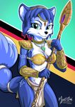  5_fingers anthro armor black_nose blue_eyes blue_hair canine female fox hair holding_object holding_weapon krystal mammal mysticalpha nintendo solo star_fox video_games weapon wide_hips 