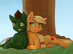  applejack_(mlp) blonde_hair brown_hair captainpudgemuffin cutie_mark day duo equine fan_character female feral friendship_is_magic grass green_eyes hair male mammal my_little_pony outside pegasus smile tree wings 