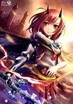  breasts cape city cleavage electricity fur_trim gauntlets gem highres horns looking_back medium_breasts miniskirt orange_eyes pixiv_fantasia pixiv_fantasia_fallen_kings pointy_ears red_hair short_hair skirt snowing solo sword vest weapon xiaoyin_li 