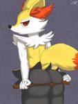  2017 anthro black_fur braixen butt canine cooliehigh female fur looking_at_viewer looking_back mammal multicolored_fur nintendo pok&eacute;mon rear_view red_eyes red_fur solo stick video_games white_fur yellow_fur 