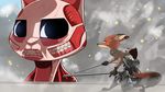  2017 3d_maneuver_gear anthro attack_on_titan black_bottomwear black_clothing brown_topwear buckteeth canine clenched_teeth clothed clothing colossal_titan crossover disney dual_wielding duo embers eye_contact female flesh fox holding_object holding_weapon jacket judy_hopps lagomorph macro male mammal melee_weapon nick_wilde outside rabbit size_difference skinless smoke standing sword teeth titan uniform weapon yitexity zootopia 