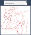  anthro blush bra breasts clothing dragon english_text female horn iriedono looking_at_viewer overweight red_theme sketch small_breasts solo teasing text tongue tongue_out tumblr underwear wings 