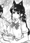  1girl absurdres animal_ears black_eyes black_hair cat_ears chopsticks eating food highres komi-san_wa_komyushou_desu komi_shouko long_hair noodles osiimi ramen school_uniform short_hair soup tadano_hitohito white_background 