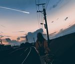  backpack bag bicycle brown_hair cloud comet commentary evening facing_away from_behind ground_vehicle original outdoors power_lines riding road shooting_star sketch snatti solo sunset twilight 