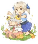 age_regression alternate_costume blonde_hair blue_eyes camieux closed_eyes commentary_request cucouroux_(granblue_fantasy) draph dress flower granblue_fantasy grass grey_hair hair_ribbon horns hoshikuzushi multiple_girls pink_dress ribbon skirt twintails white_background younger 