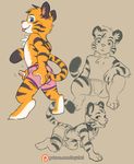  all_fours black_fur blue_eyes blush boxers_(clothing) bulge clothing collar digitigrade feline fur haychel mammal open_mouth orange_fur pawpads pink_nose simple_background teeth tiger tongue tongue_out underwear 