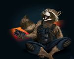  2017 anthro brown_fur clothed clothing conditional_dnp digital_media_(artwork) emptyset fur guardians_of_the_galaxy male mammal marvel open_mouth raccoon rocket_raccoon simple_background smile solo teeth tongue zune 