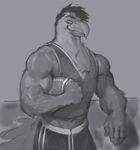  american_football anthro avian bird clothed clothing greyscale hawk julicat looking_at_viewer male monochrome muscular smile solo sport standing 