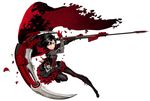  black_dress black_footwear black_hair boots cape corset crescent_rose dress frilled_skirt frills gloves hood miwa_shirou official_art pantyhose petticoat red_cape red_gloves ruby_rose rwby scythe skirt smile solo 