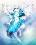  4_toes 5_fingers anthro black_nose blue_fur breasts canine digitigrade feathered_wings feathers featureless_breasts fox fur hybrid mammal navel neotheta smile toes white_feathers wide_hips wings yellow_eyes 