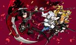  belt black_hair blake_belladonna blonde_hair blue_eyes boots breasts cape cleavage crescent_rose ember_celica_(rwby) fingerless_gloves gambol_shroud gauntlets gloves hair_ribbon highres holding holding_sword holding_weapon jacket left-handed long_hair medium_breasts miwa_shirou multiple_girls myrtenaster open_mouth pantyhose petals ponytail purple_eyes rapier red_background ribbon ruby_rose rwby scar scarf scythe shell_casing short_hair silver_eyes skirt small_breasts smile sword thighhighs twin_blades weapon weiss_schnee white_hair yang_xiao_long zettai_ryouiki 