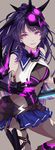  benghuai_xueyuan blue_skirt bodysuit braid breasts cleavage closed_mouth commentary_request faulds glowing glowing_eyes grey_background highres holding holding_sword holding_weapon honkai_impact knee_up light_smile light_trail lightning_empress long_hair looking_at_viewer mask mask_on_head medium_breasts pantyhose purple_eyes purple_hair raiden_mei shi_er_xian side_braid simple_background skirt smile solo sword symbol-shaped_pupils thunder_ghost torn_clothes torn_legwear weapon 