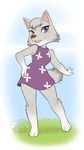  3_toes 5_fingers animal_crossing anthro barefoot breasts brown_nose canine clothed clothing dress eyebrows eyelashes female hand_on_hip kittydee mammal nintendo purple_eyes simple_background smile solo standing toes video_games whitney_(animal_crossing) wolf 